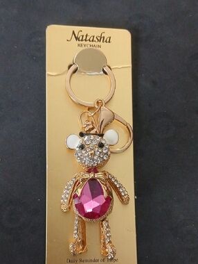 Natasha Gold Teddy Keychain with Pink Gem New